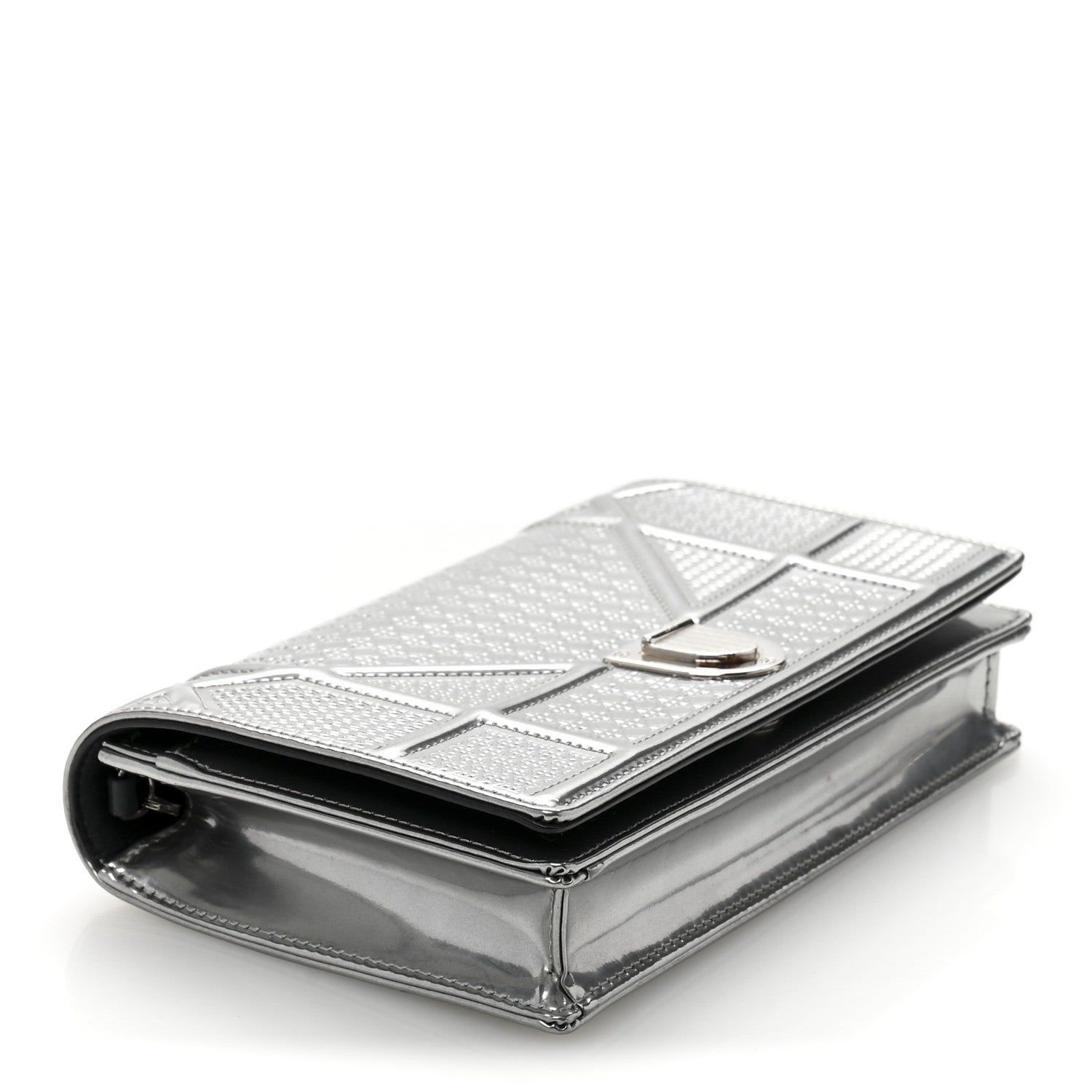Christian Dior Metallic Patent Micro-Cannage Diorama Wallet on Chain Pouch Silver 4 of 15