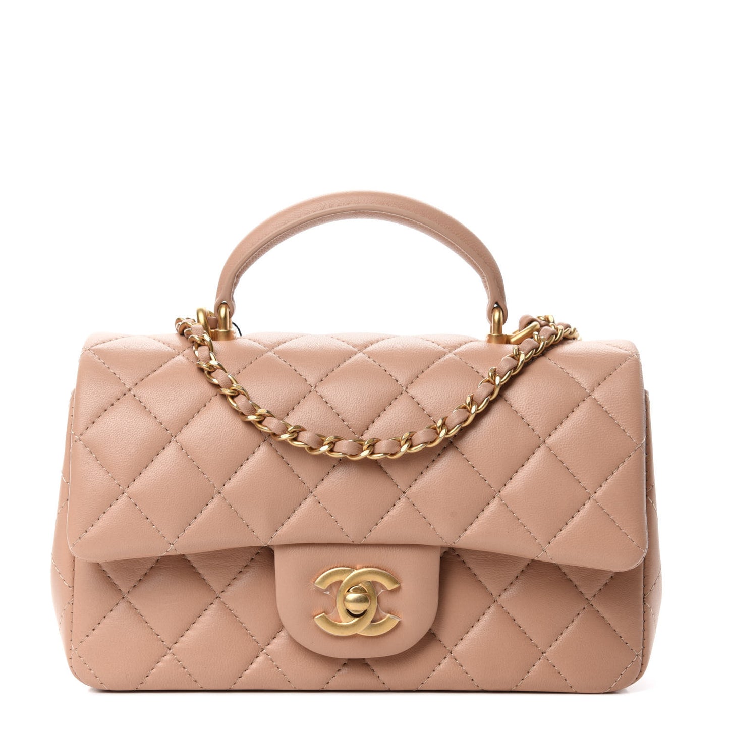 Lambskin Quilted Mini Top Handle Rectangular Flap Beige