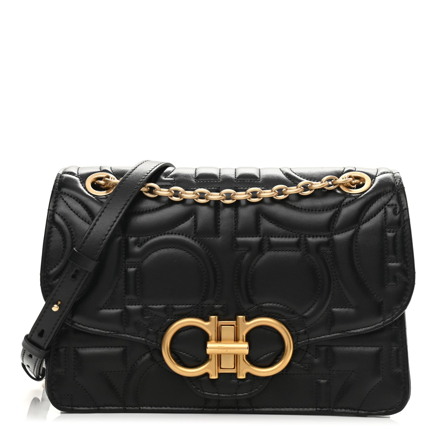 Calfskin Quilted Gancini Flap Bag Black