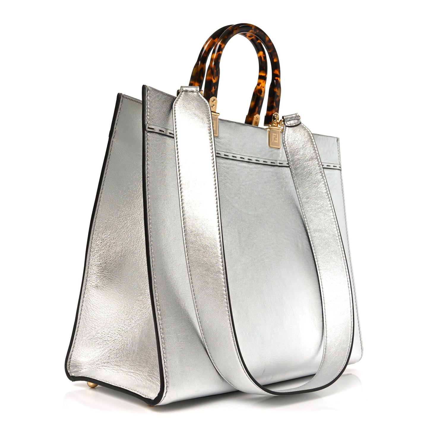 Vitello Catalan Mirror Plexiglass Logo Embossed Medium Fendi Sunshine Shopper Tote Argento