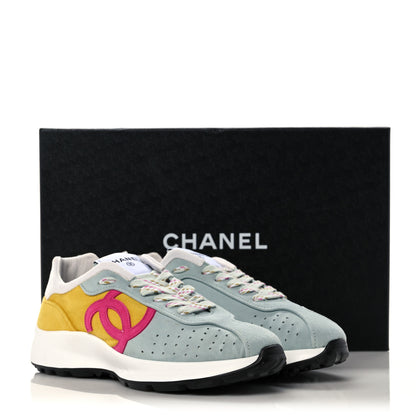 Chanel Fabric Suede Kidskin CC Sneakers 38.5 Light Turquoise Fuchsia Yellow 8 of 8