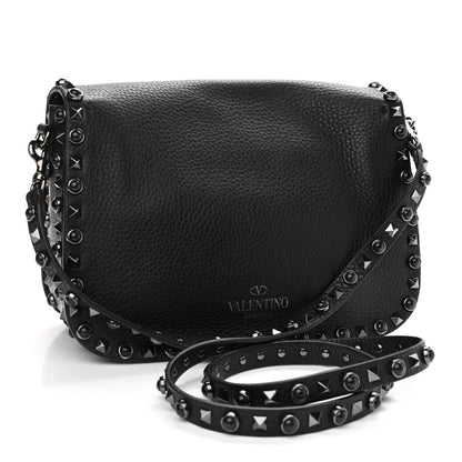 Valentino Garavani Pebbled Calfskin Onyx Medium Rockstud Rolling Flap Saddle Bag Black 3 of 9