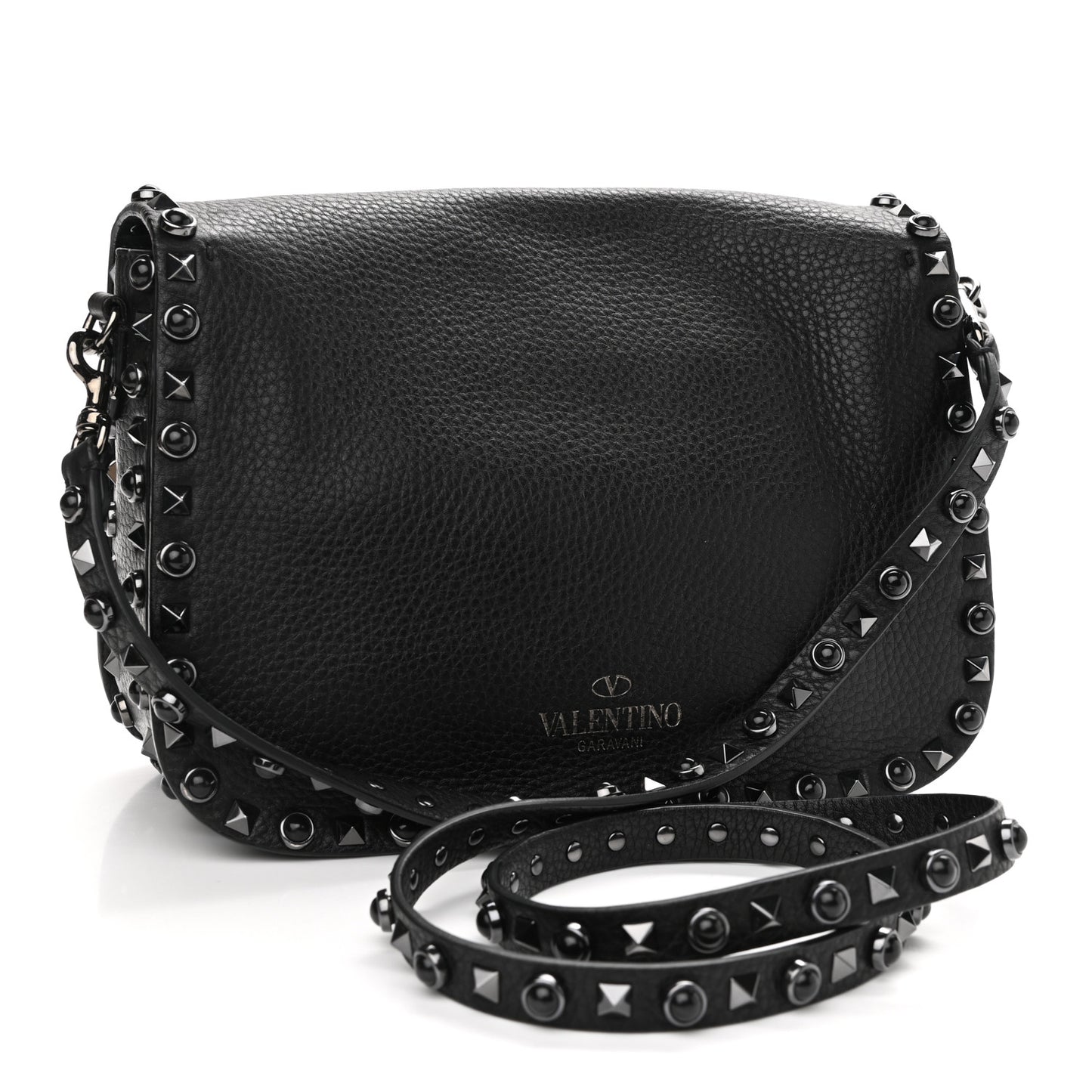 Pebbled Calfskin Onyx Medium Rockstud Rolling Flap Saddle Bag Black