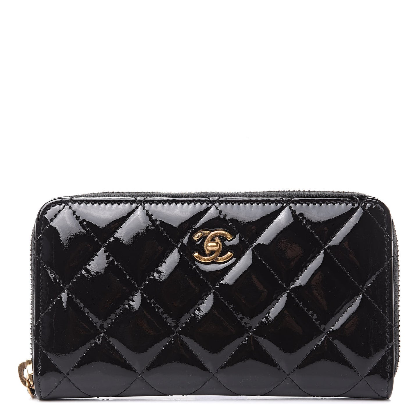 Patent Quilted Small Zip Around Wallet Black