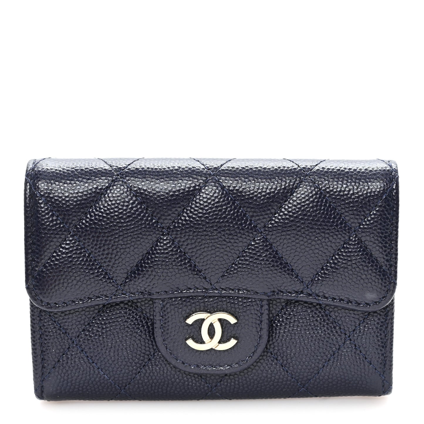 Caviar Quilted Flap Card Holder Navy Blue
