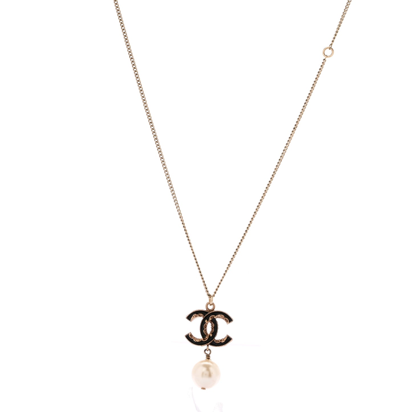Enamel Pearl CC Baroque Drop Necklace Black Gold