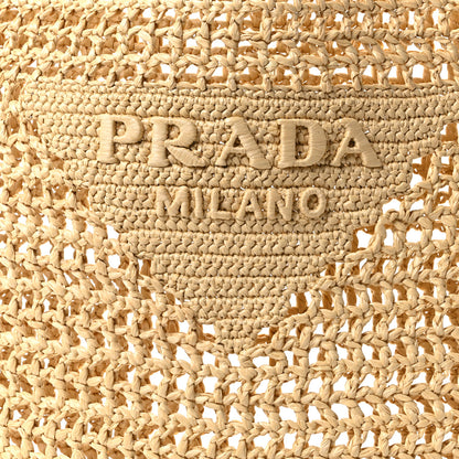 Prada Yarn Raffia Effect Crochet Logo Embroidered Tote Bag Naturale 8 of 10