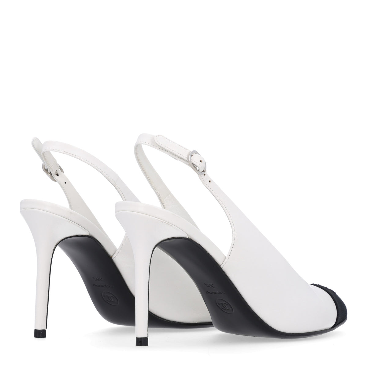 Chanel Goatskin Grosgrain Pointed Cap Toe CC Slingback Pumps 38.5 White Black 5 of 10