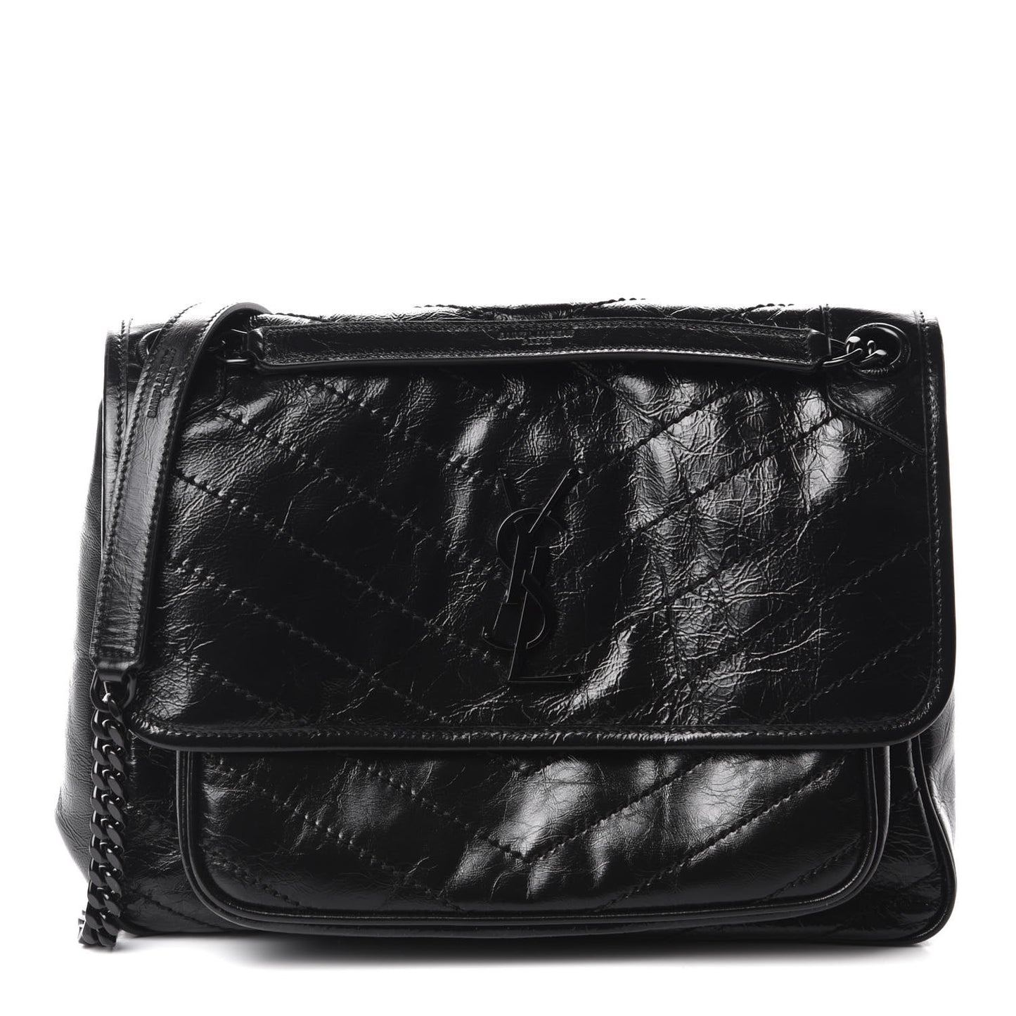 Crinkled Calfskin Matelasse Monogram Medium Niki Chain Satchel Black