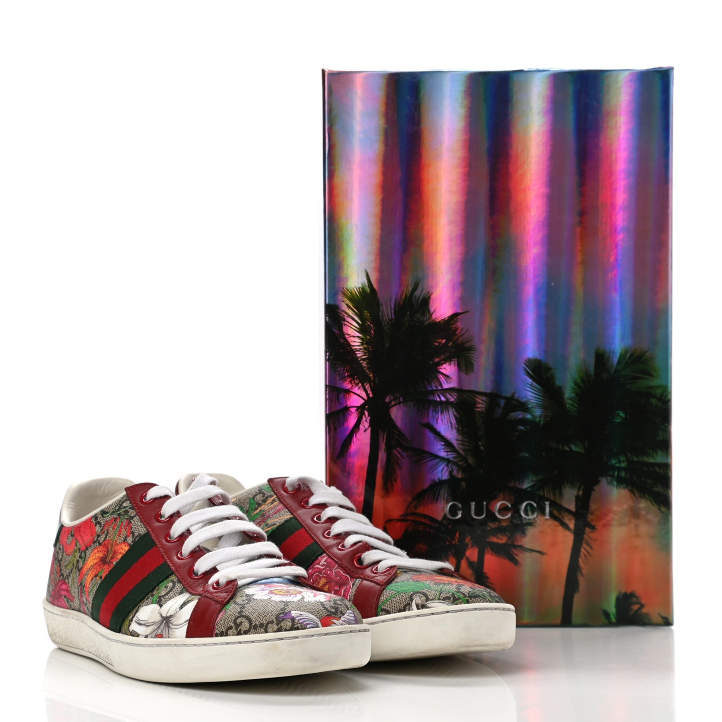 GG Supreme Monogram Flora Web Womens Ace Sneakers 38 Beige Multicolor Rosso