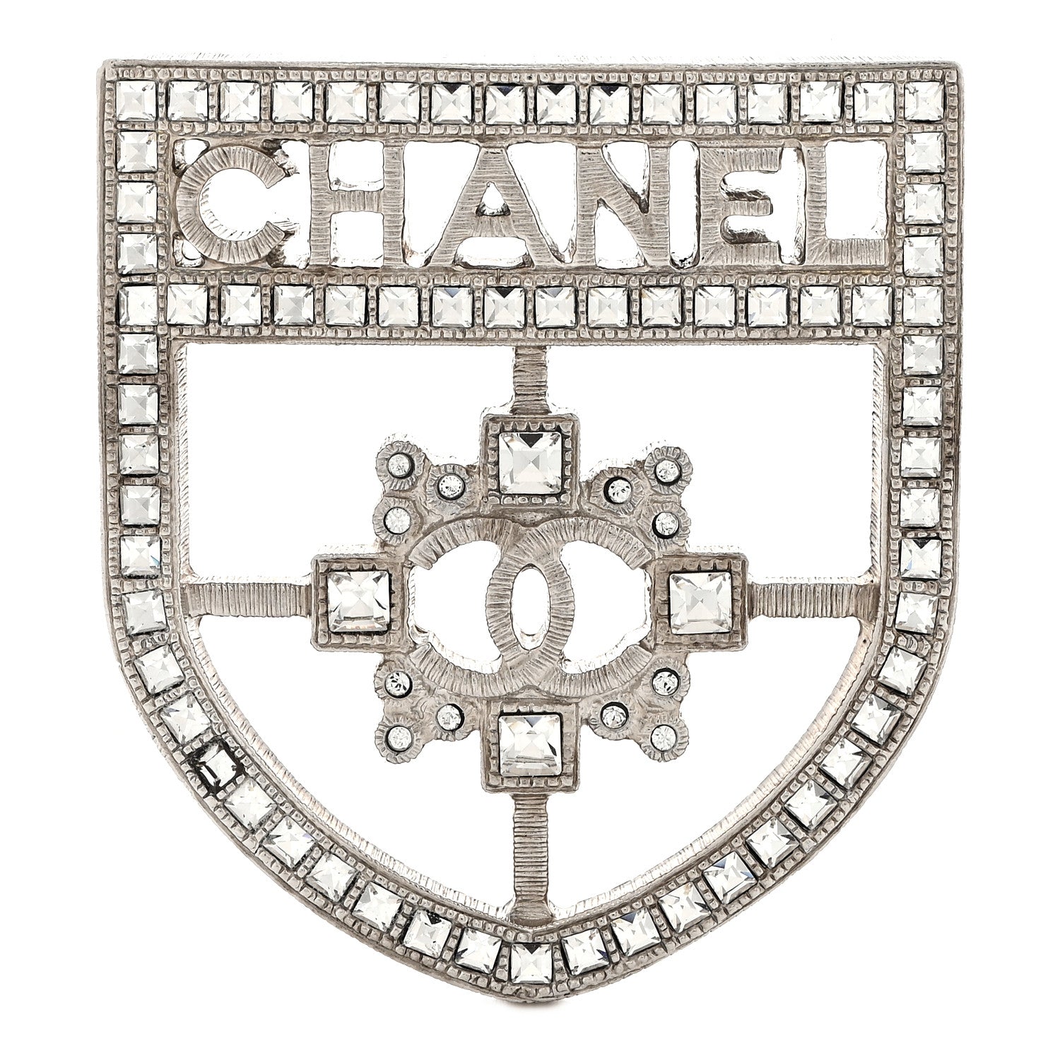 Chanel Swarovski Baguette Crystal CC Shield Brooch Silver 1 of 4