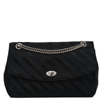 Balenciaga Nylon Jacquard Diagonal Logo Medium Scarf Lock Chain Shoulder Bag Black Red 1 of 8