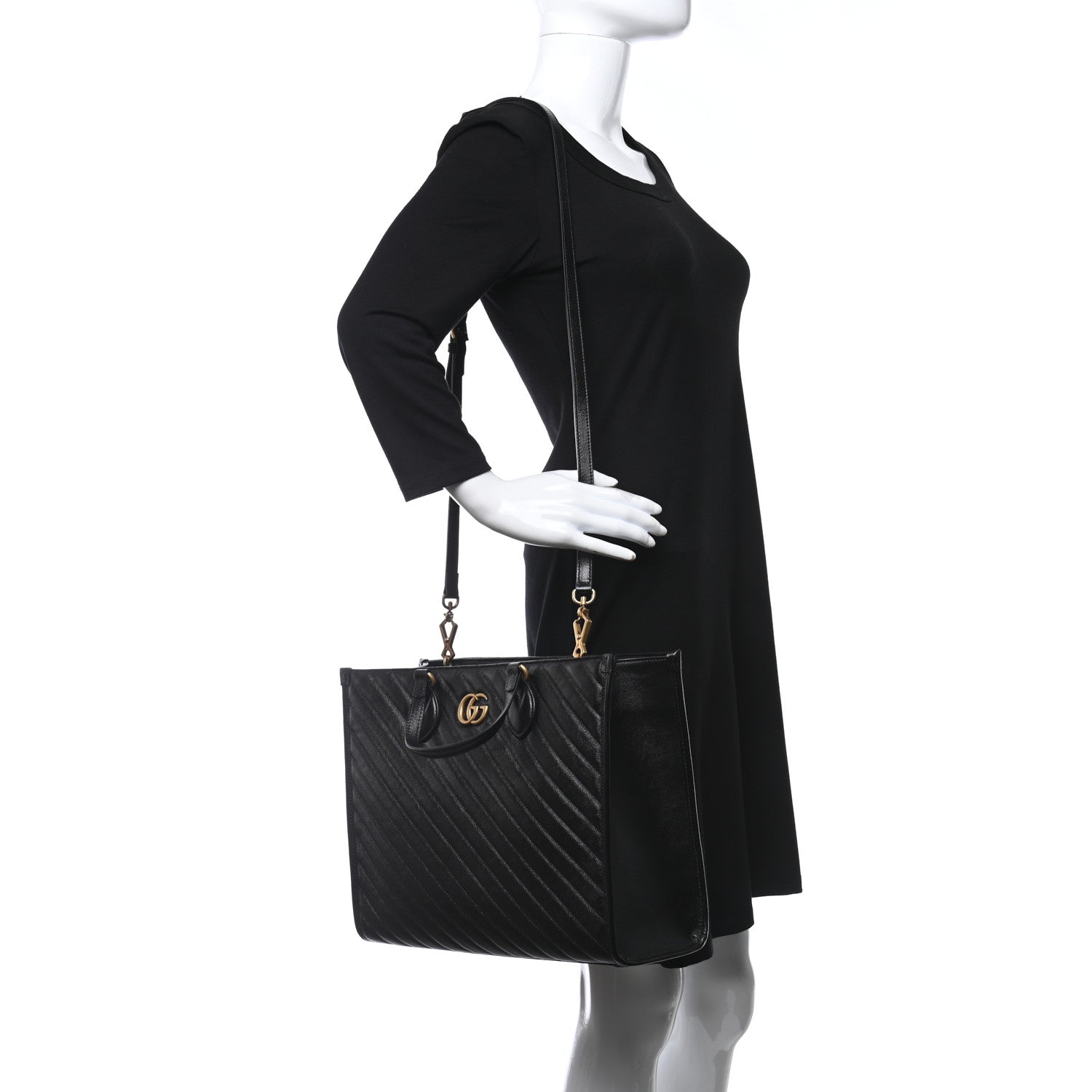 Gucci Azalea Calfskin Matelasse Diagonal GG Marmont Tote Bag Black 2 of 11