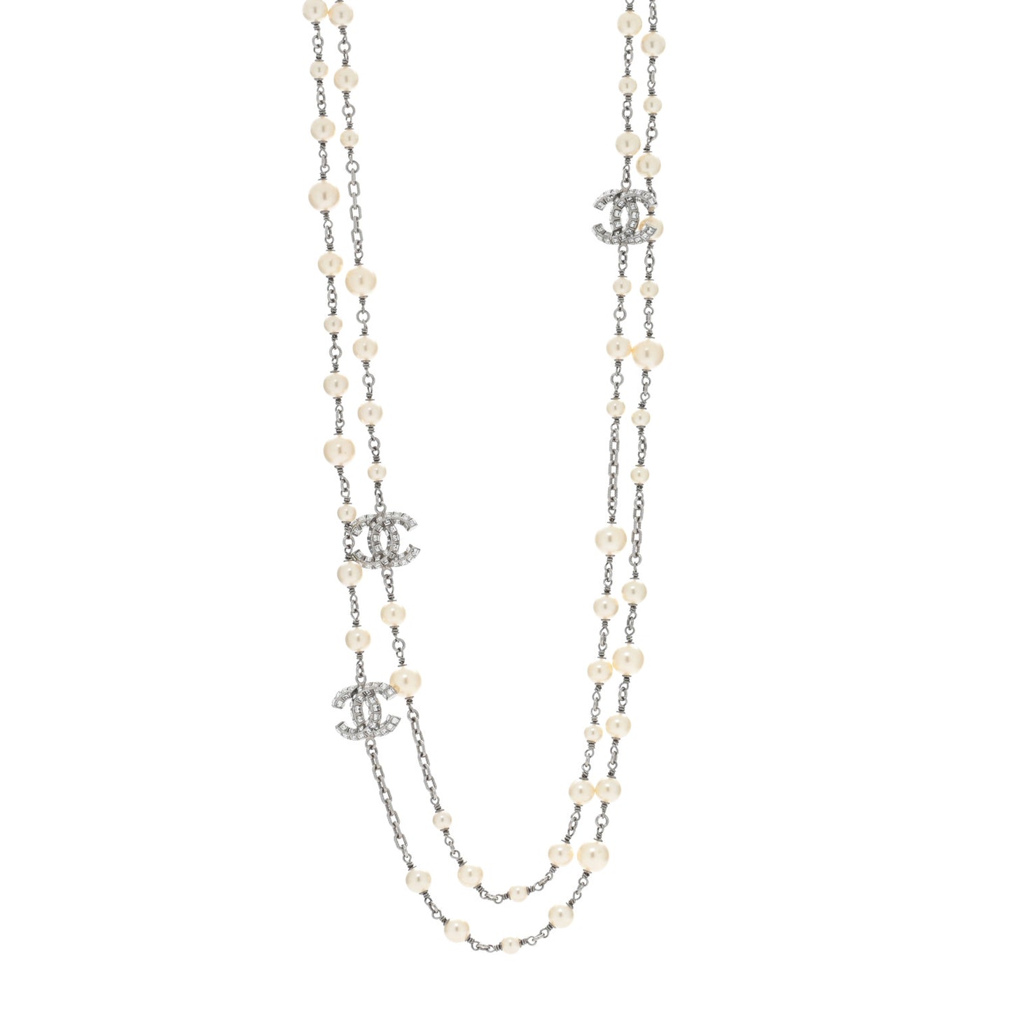 Pearl Baguette Crystal CC Long Necklace Silver