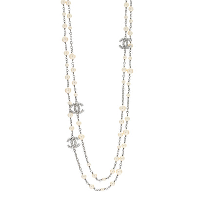 Chanel Pearl Baguette Crystal CC Long Necklace Silver 1 of 4