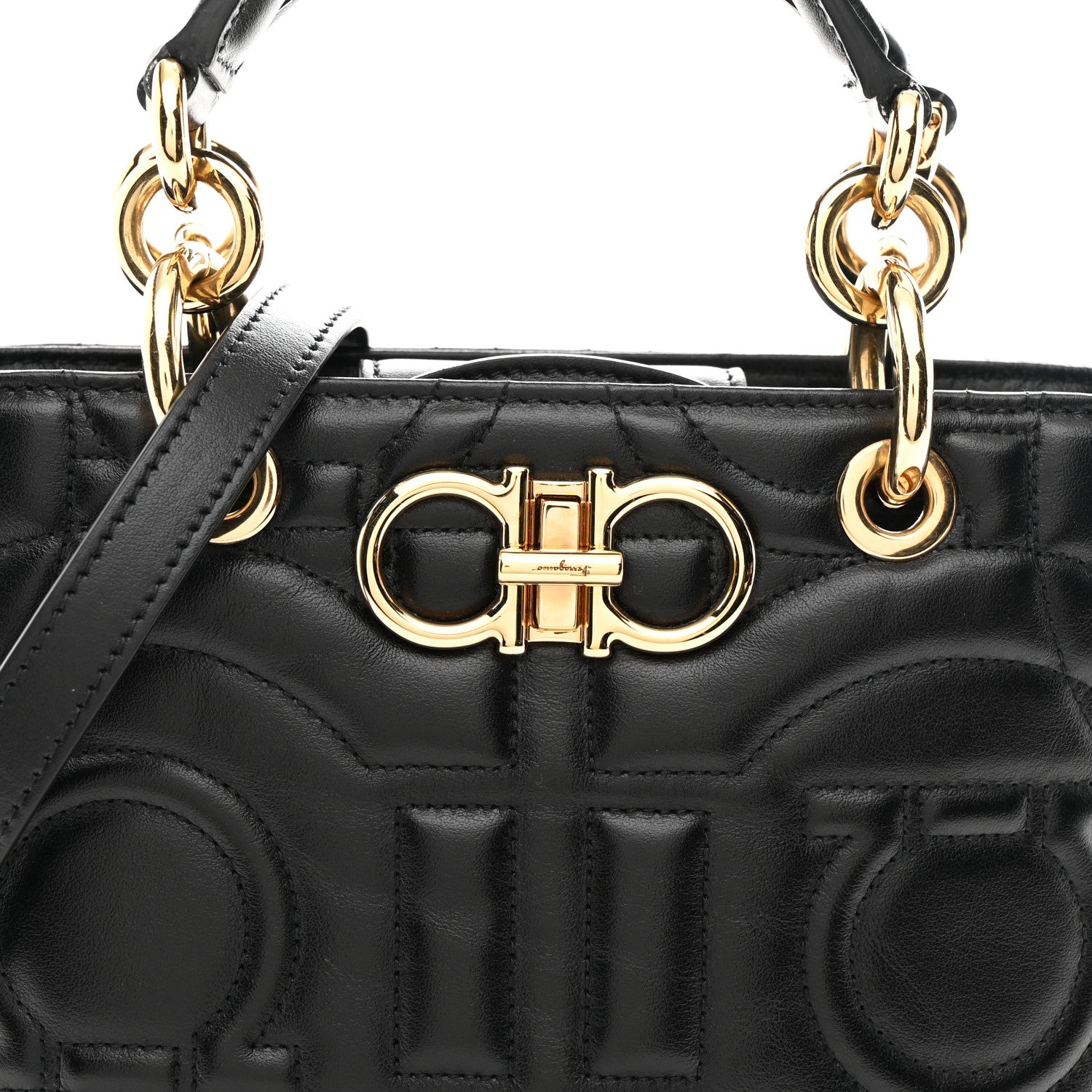 Salvatore Ferragamo Calfskin Embossed Logo Plaque Gancini Tote Black 8 of 10