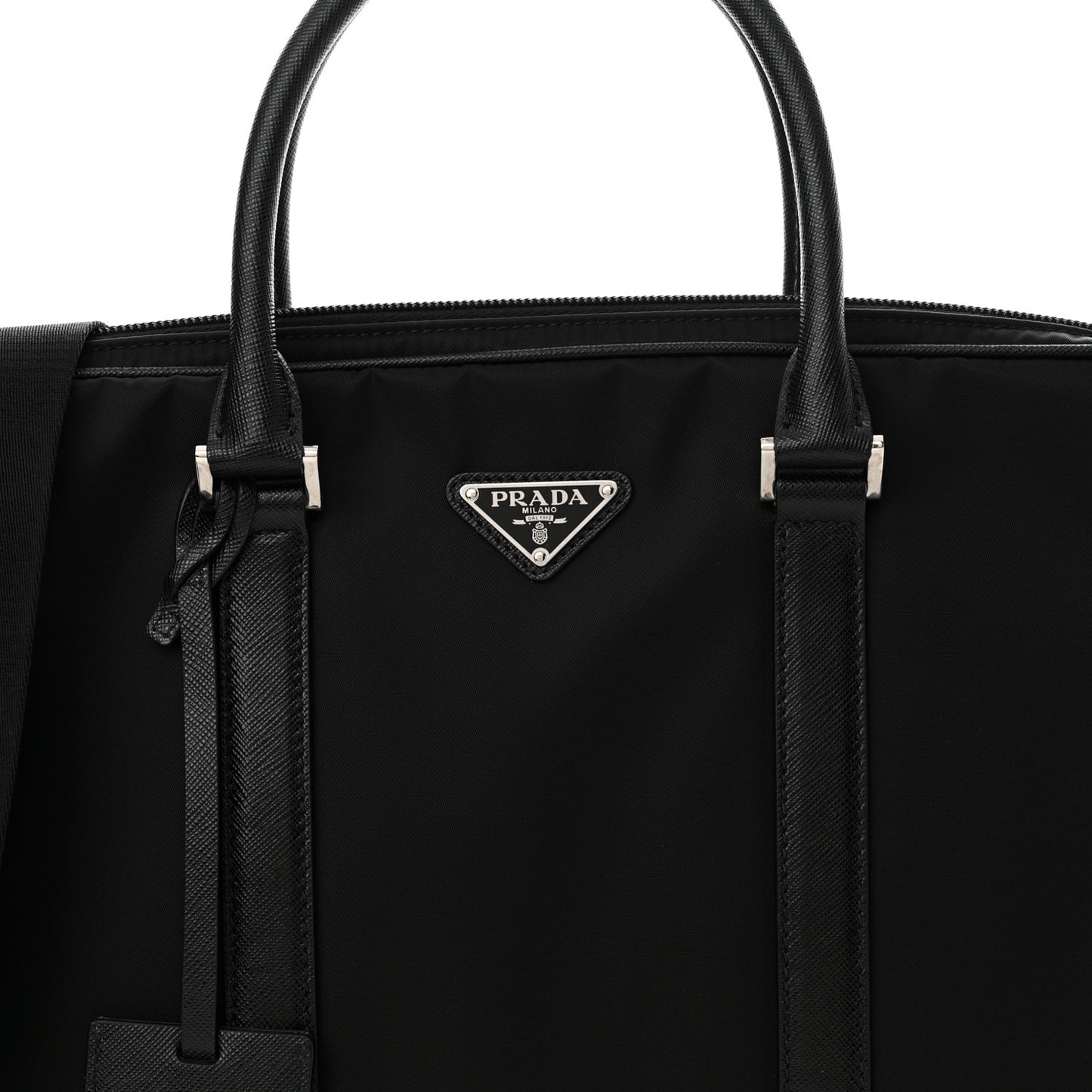 Tessuto Nylon Saffiano Metal Triangle Logo Work Bag Black