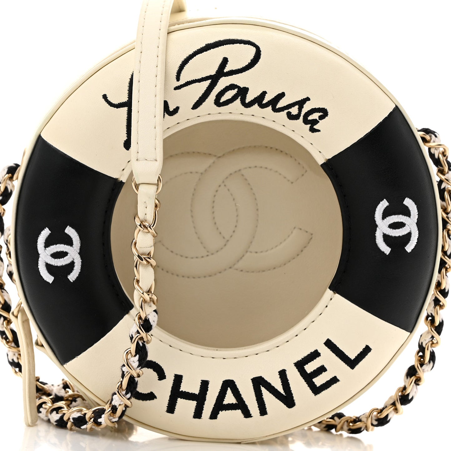 Lambskin Coco Lifesaver Round Bag Black White