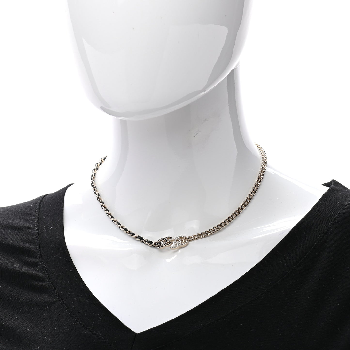Metal Calfskin Crystal Double CC Short Necklace Black Gold