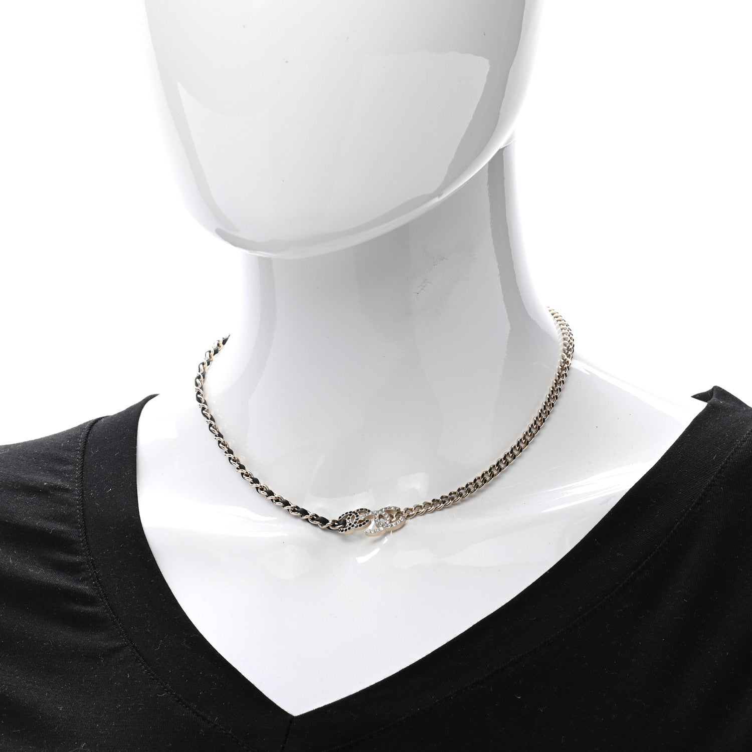 Chanel Metal Calfskin Crystal Double CC Short Necklace Black Gold 2 of 7