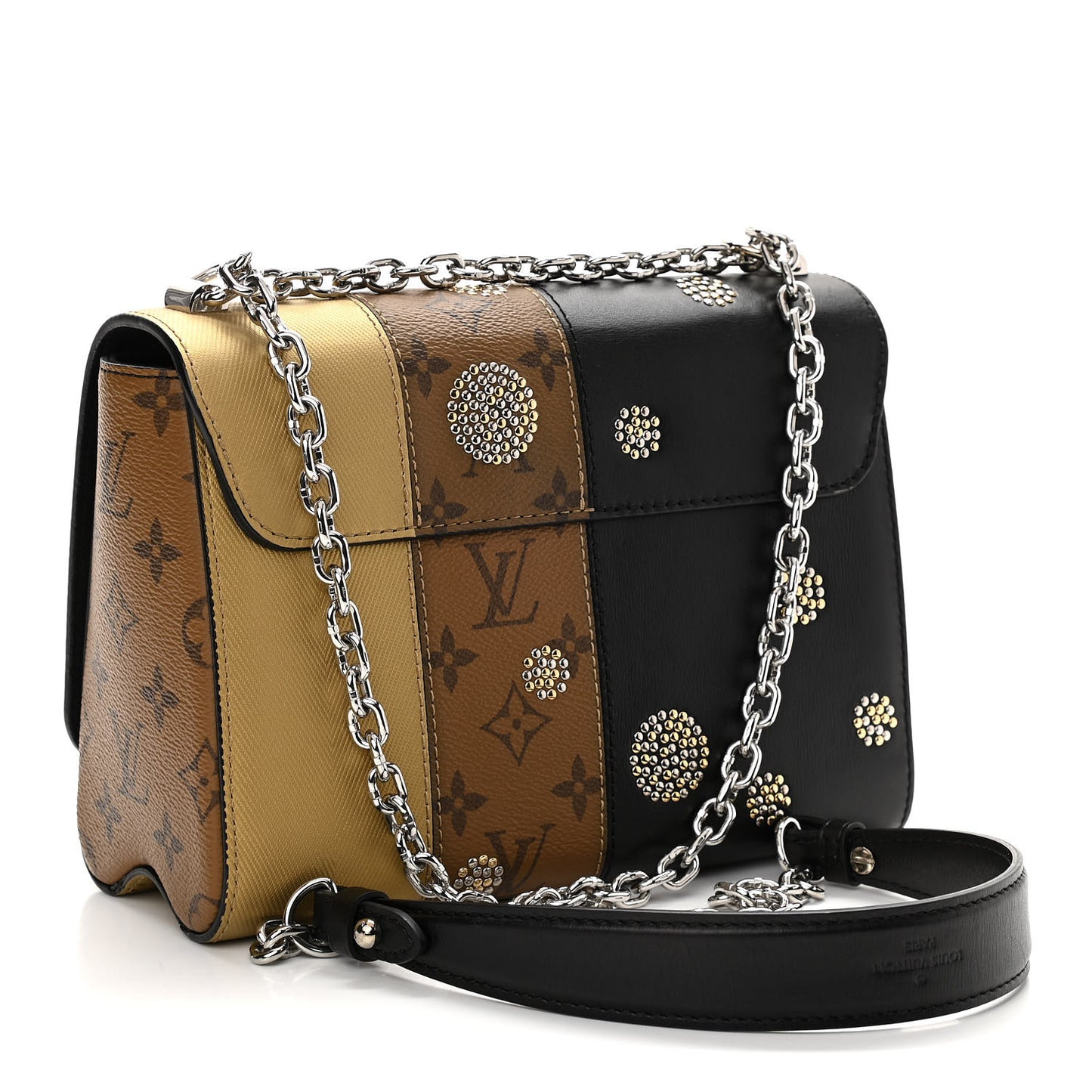 Calfskin Reverse Monogram Studded Twist Shoulder Bag MM Black Gold