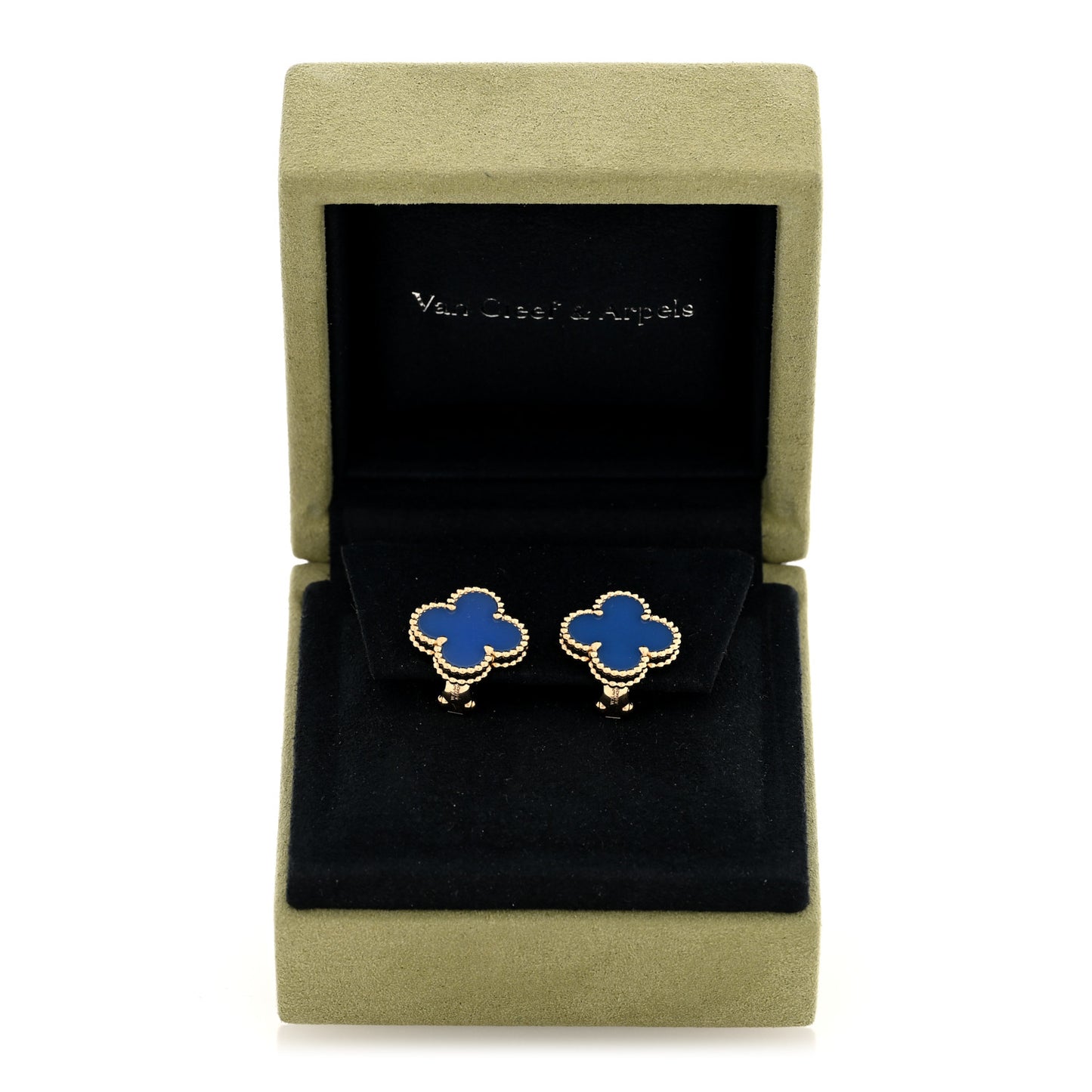 18K Yellow Gold Blue Agate Vintage Alhambra Earrings
