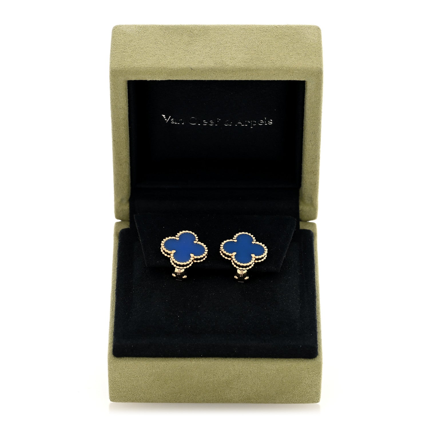 Van Cleef & Arpels 18K Yellow Gold Blue Agate Vintage Alhambra Earrings 5 of 5