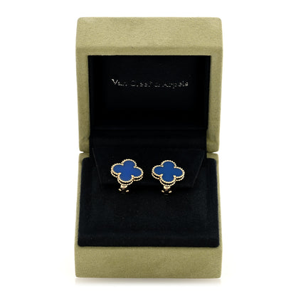 Van Cleef & Arpels 18K Yellow Gold Blue Agate Vintage Alhambra Earrings 5 of 5