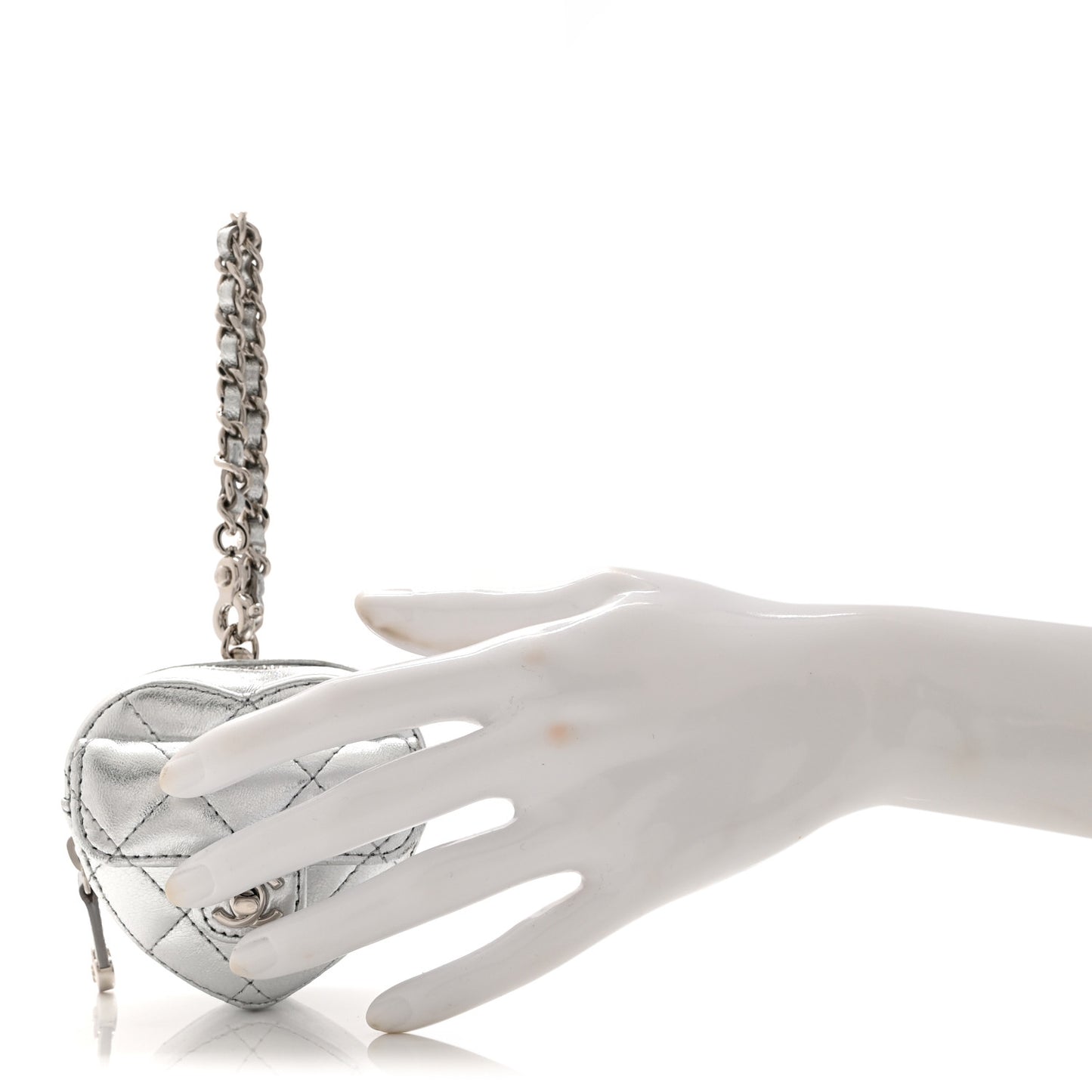 Metallic Lambskin Quilted CC Mini In Love Heart Bag Charm Silver