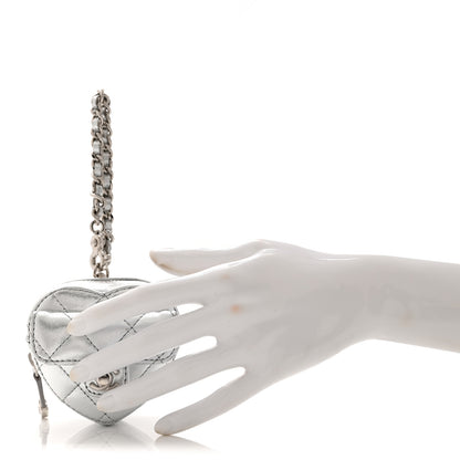 Chanel Metallic Lambskin Quilted CC Mini In Love Heart Bag Charm Silver 2 of 9