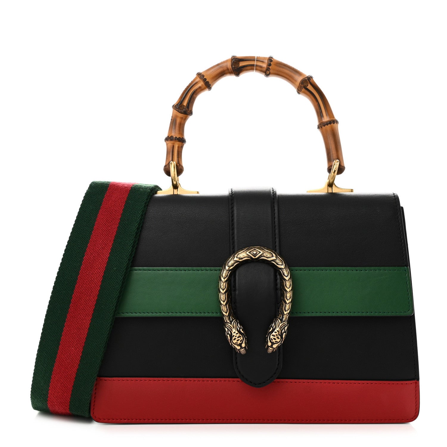 Gucci Moon Calfskin Web Medium Dionysus Bamboo Top Handle Bag Black Bright Evergreen Hibiscus Red 1 of 10
