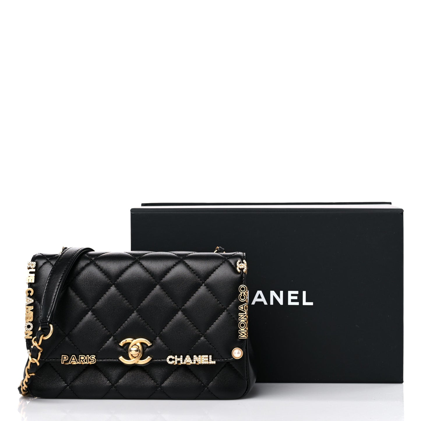 Lambskin Enamel Strass Quilted Mini Paris Monaco Flap Black