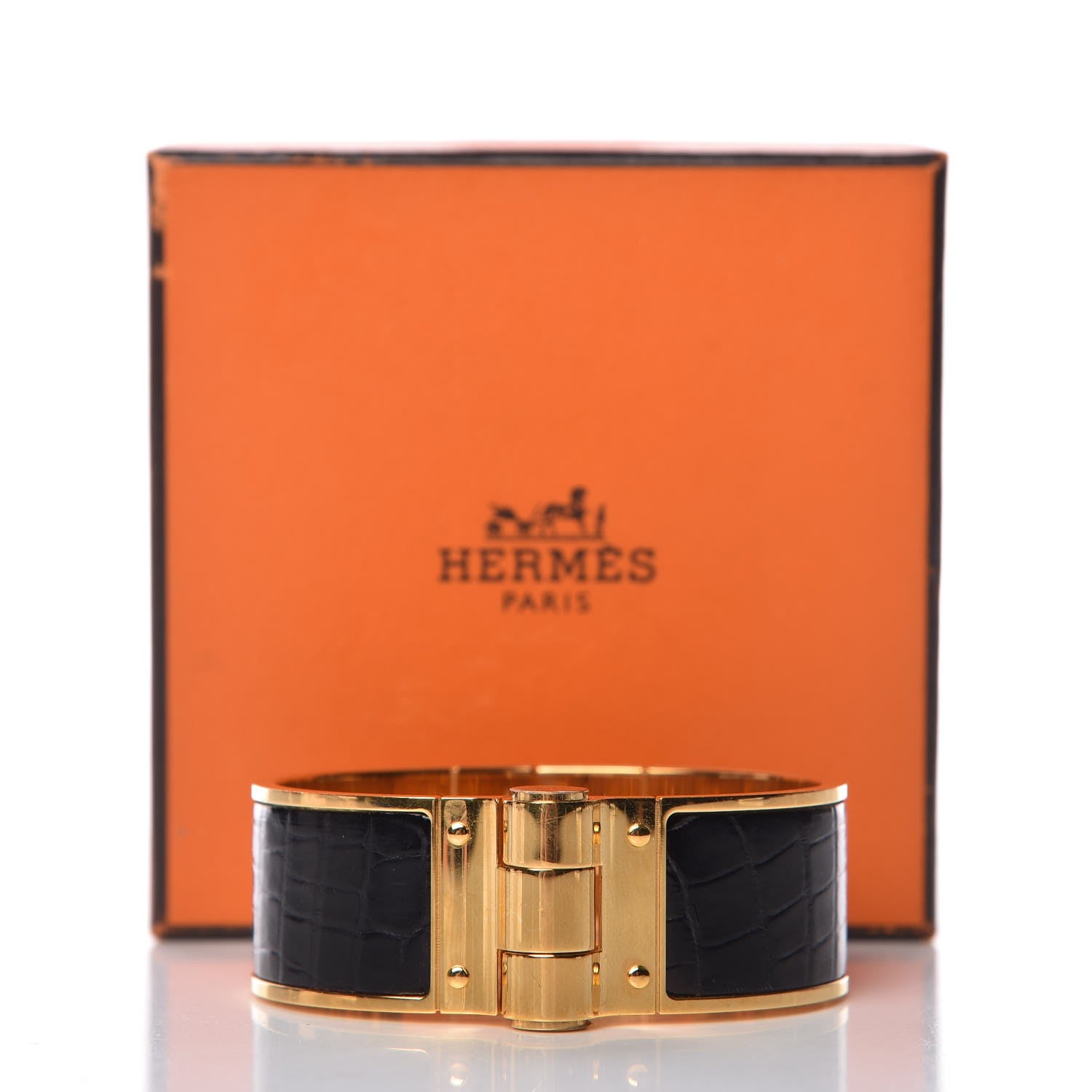 Hermes Shiny Alligator Charniere Cuir Wide Hinged Bracelet S Black 5 of 5