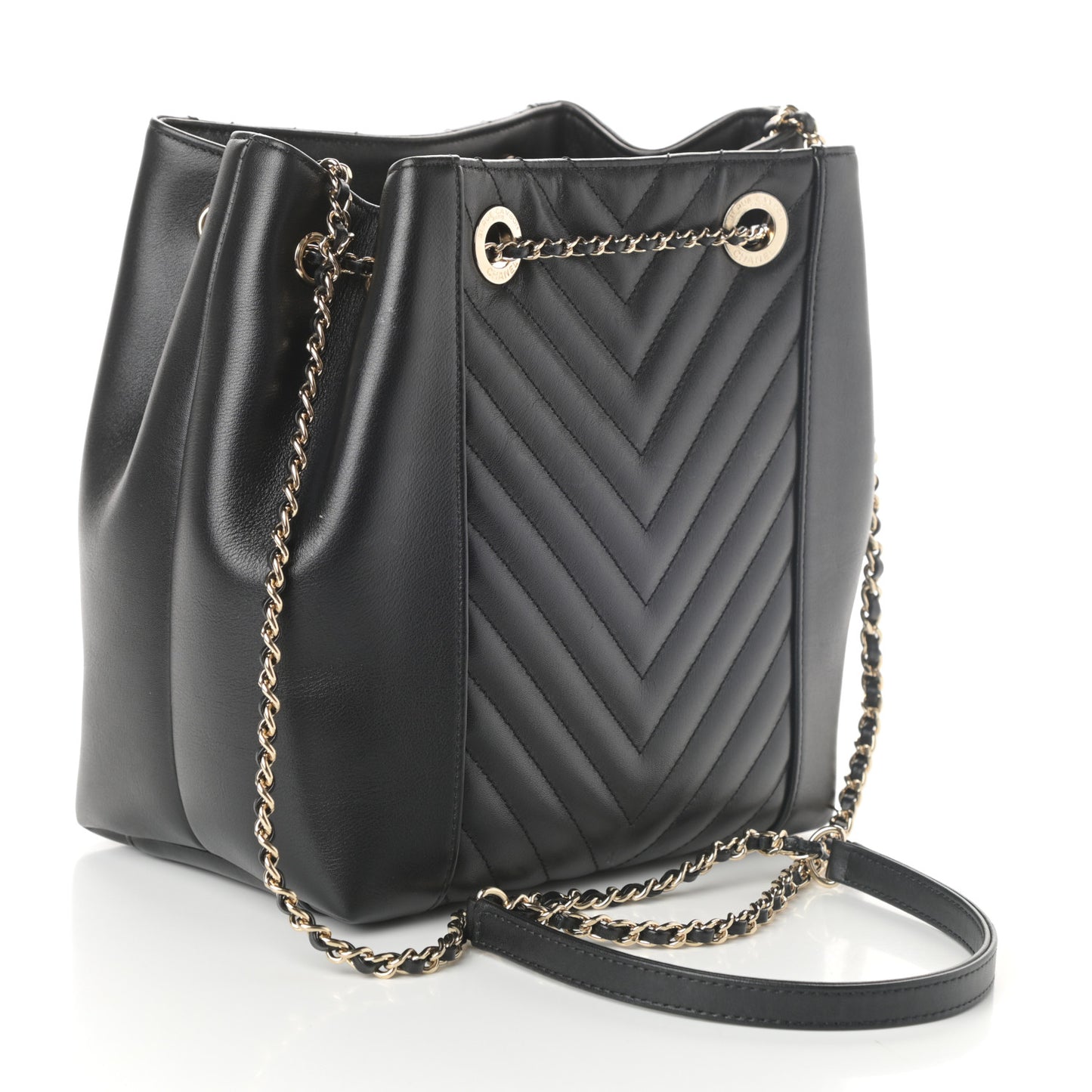 Calfskin Quilted Daily Chevron Drawstring Bag Black