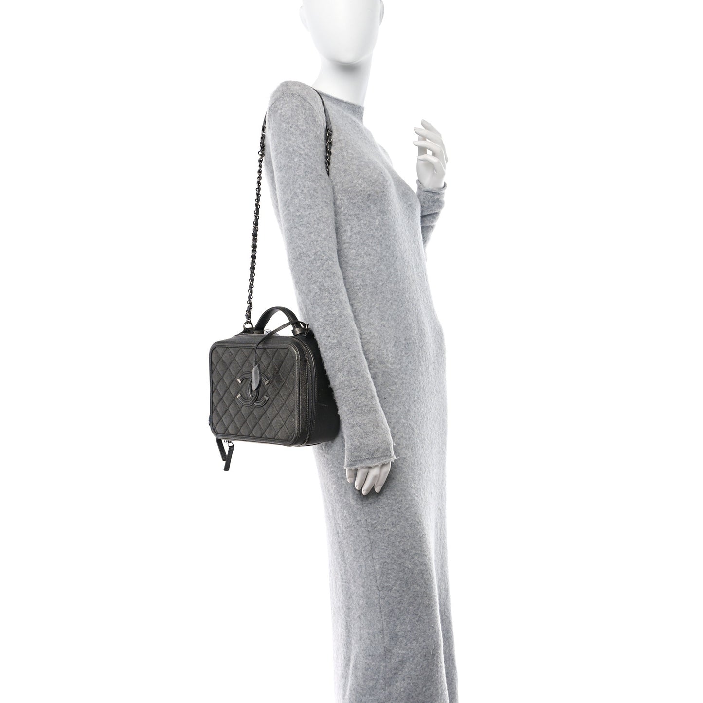 Metallic Caviar Quilted Medium CC Filigree Vanity Case Dark Silver