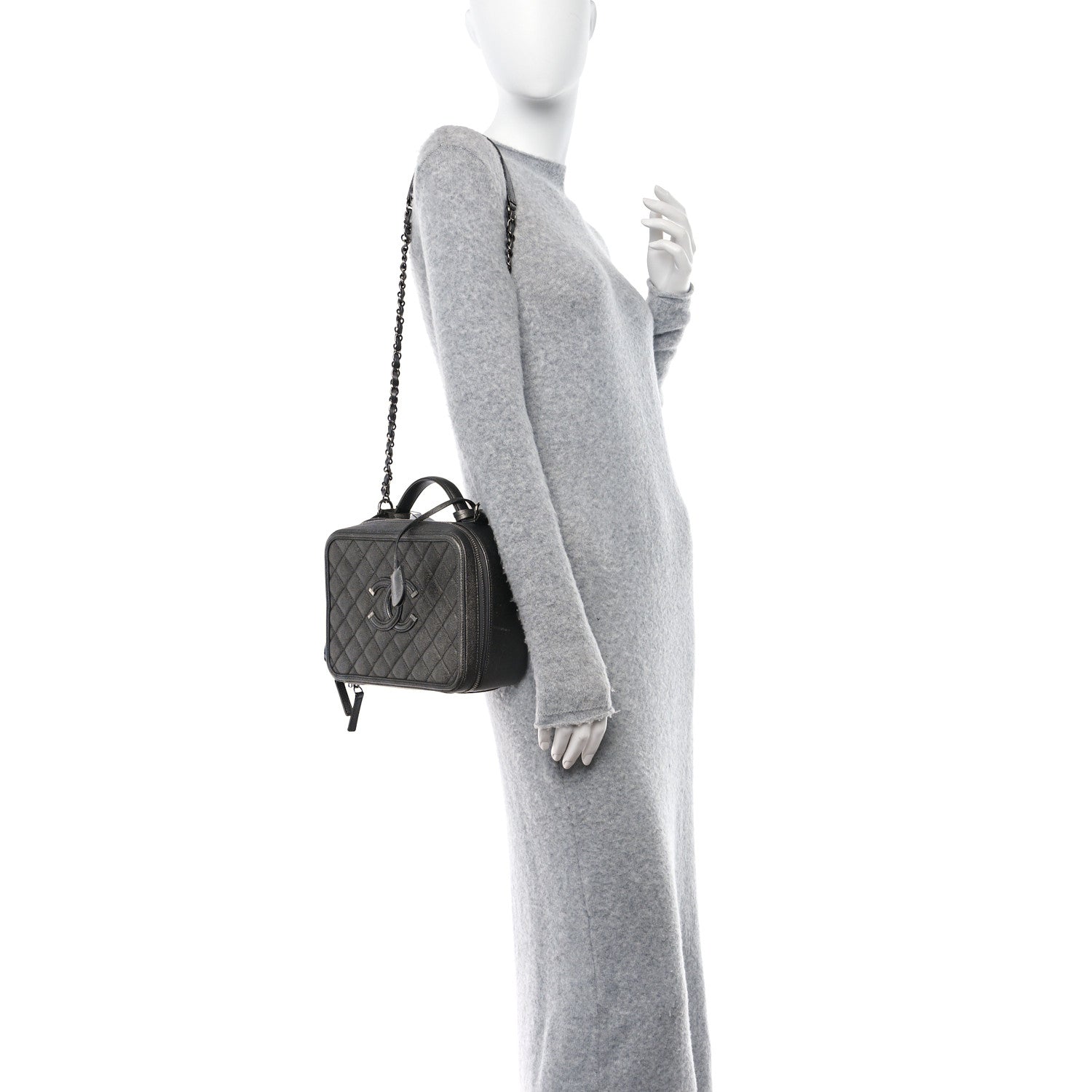 Chanel Metallic Caviar Quilted Medium CC Filigree Vanity Case Dark Silver 2 of 16