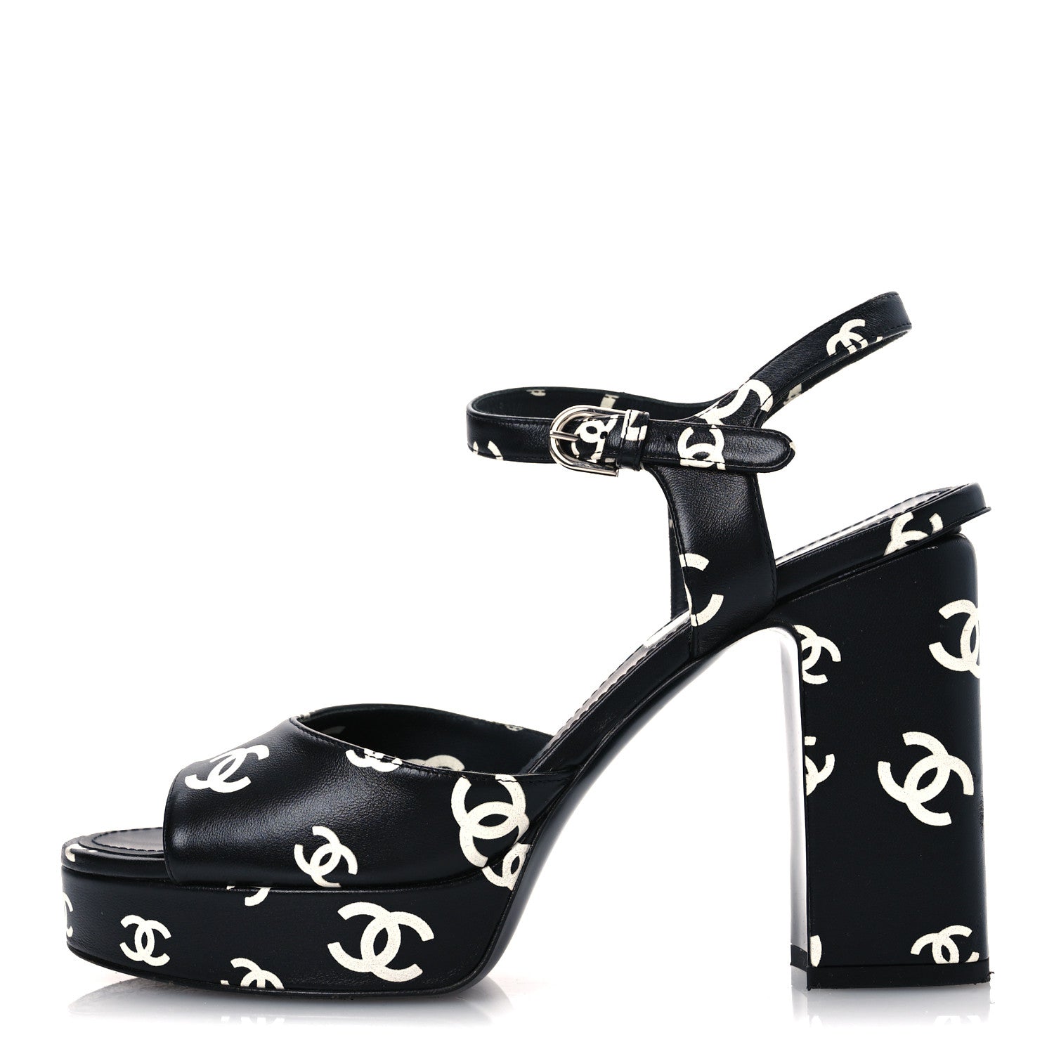 Chanel Printed Lambskin Coco Beach Platform Sandals 39 Black White 1 of 13