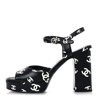 Chanel Printed Lambskin Coco Beach Platform Sandals 39 Black White 1 of 13