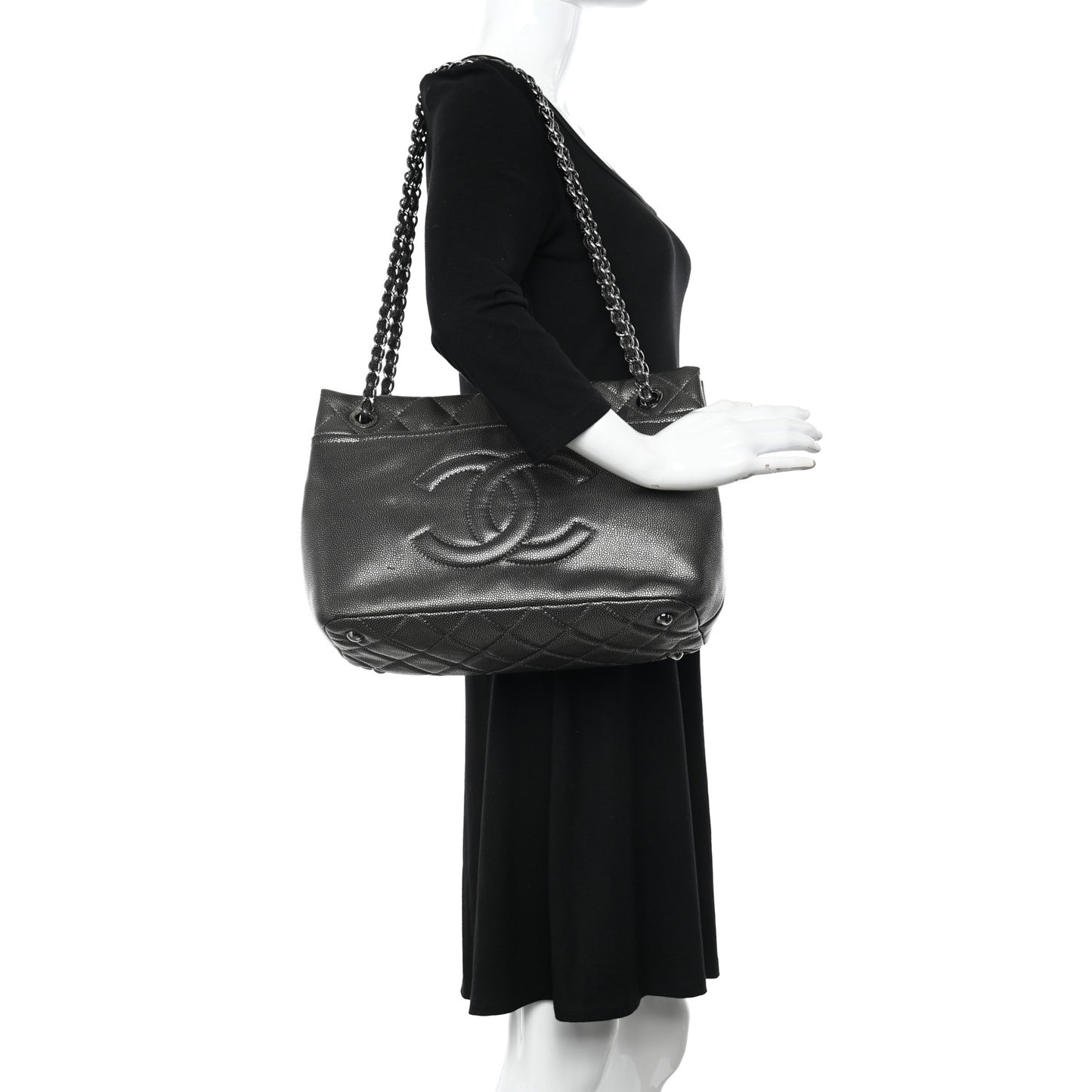 Metallic Caviar Quilted CC Timeless Tote Dark Silver