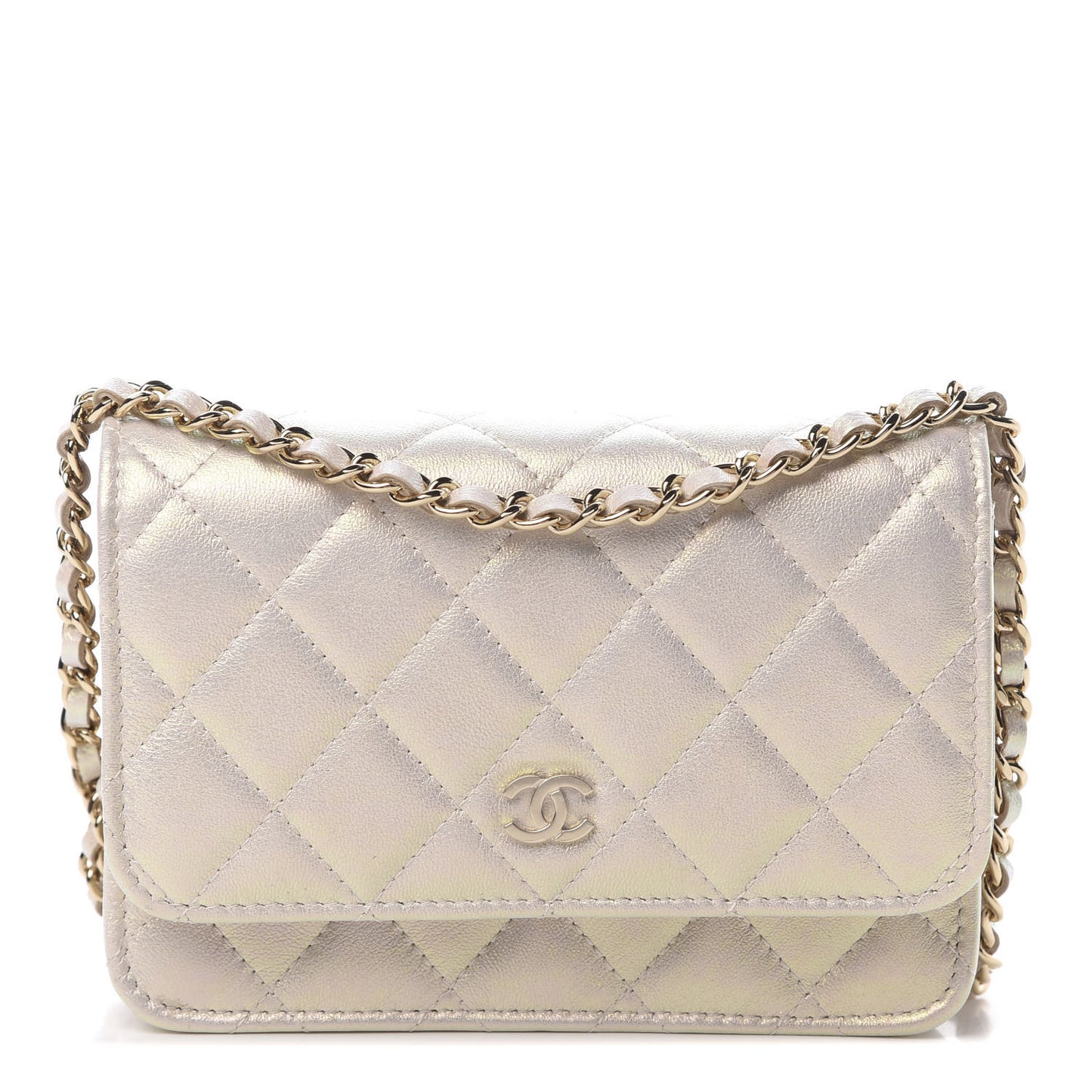 Iridescent Lambskin Quilted Mini Wallet On Chain WOC Ivory
