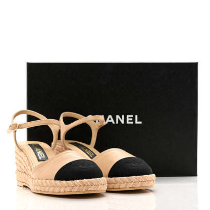 Chanel Lambskin Grosgrain CC Espadrilles Wedges 37 Beige Black 9 of 9