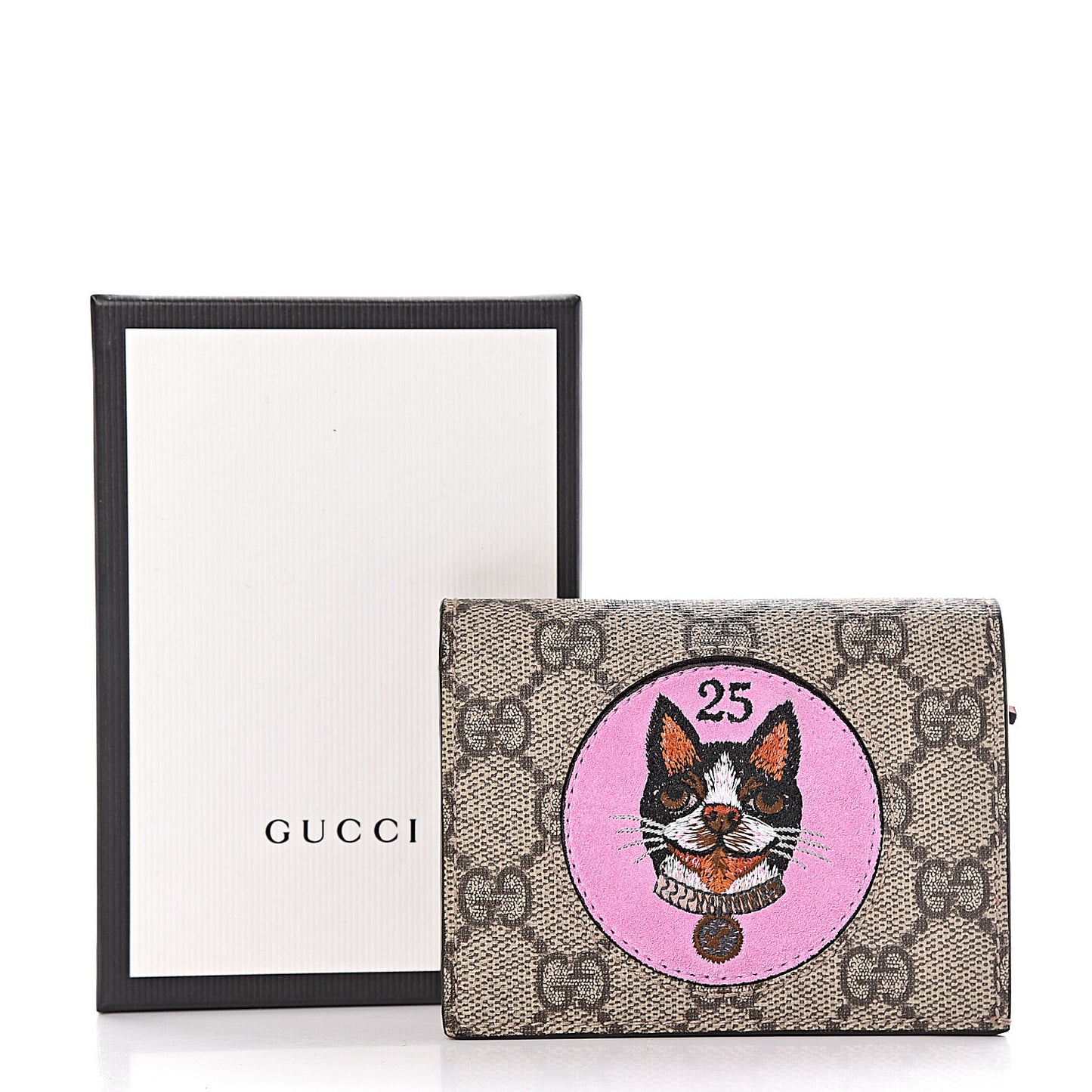 GG Supreme Monogram Bosco Patch Card Case Wallet Beige Malva Hibiscus Red