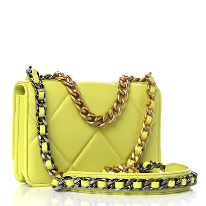 Chanel Shiny Lambskin Quilted Chanel 19 Wallet On Chain WOC Neon Yellow 3 of 12