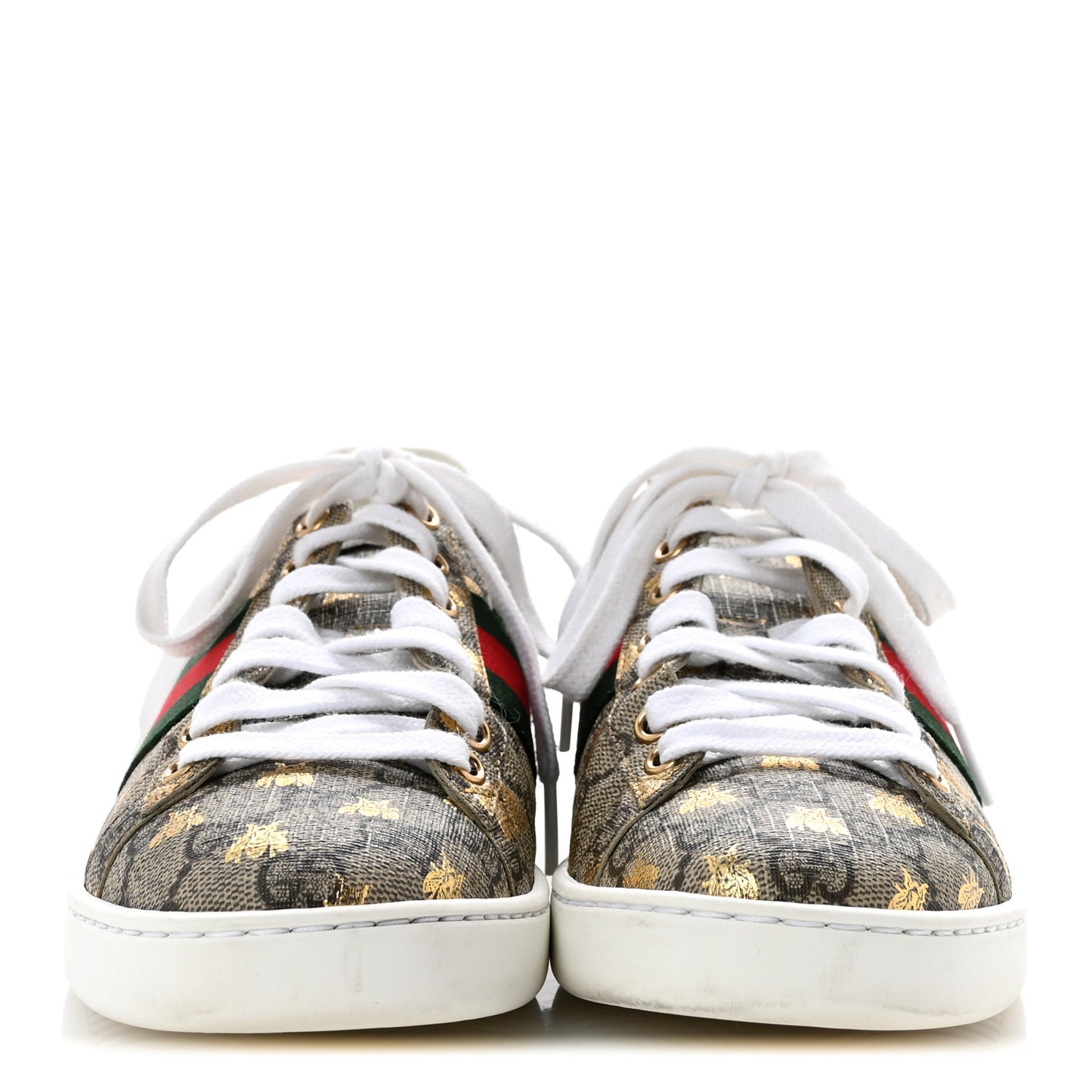 GG Supreme Monogram Bees Ayers Web Womens Ace Sneakers 38 Beige Oro Green Red