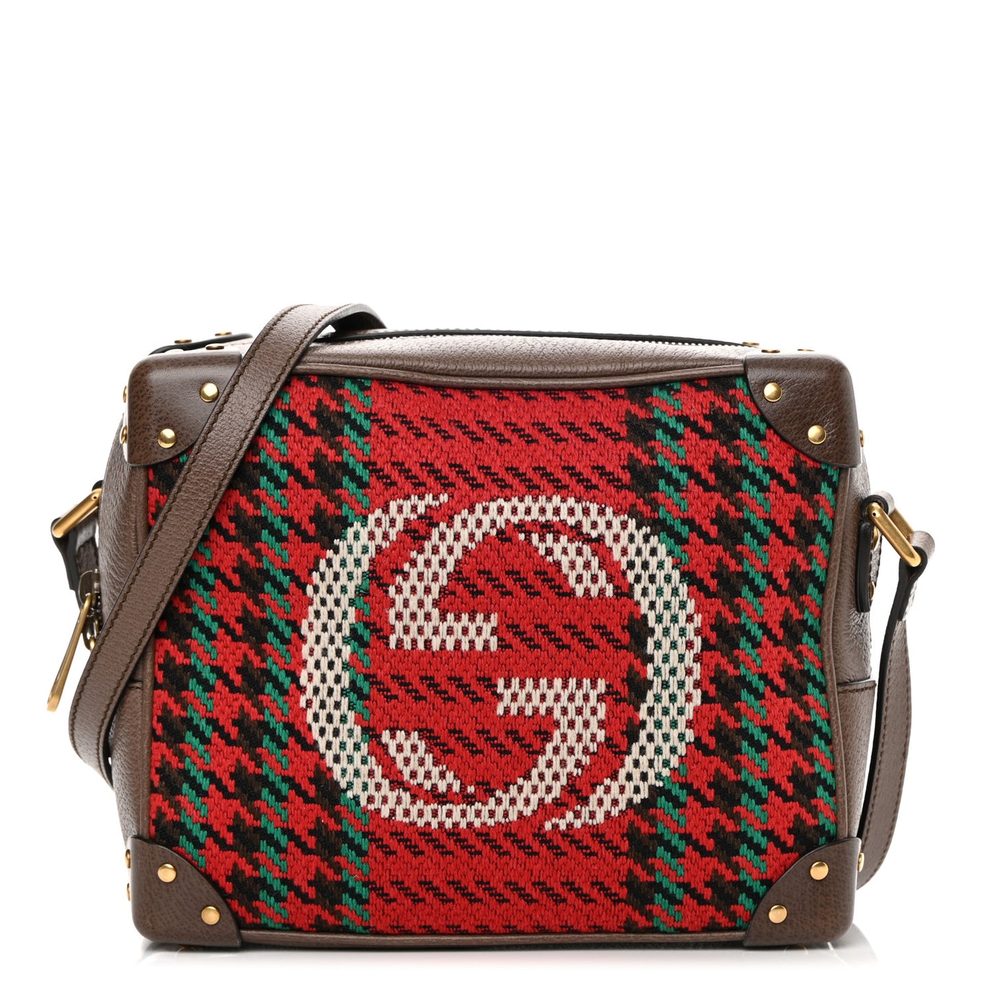 Cotton Wool Textured Calfskin Houndstooth Woven Square Messenger Bag Red Green Ivory Multicolor New Acero