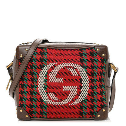 Gucci Cotton Wool Textured Calfskin Houndstooth Woven Square Messenger Bag Red Green Ivory Multicolor New Acero 1 of 11