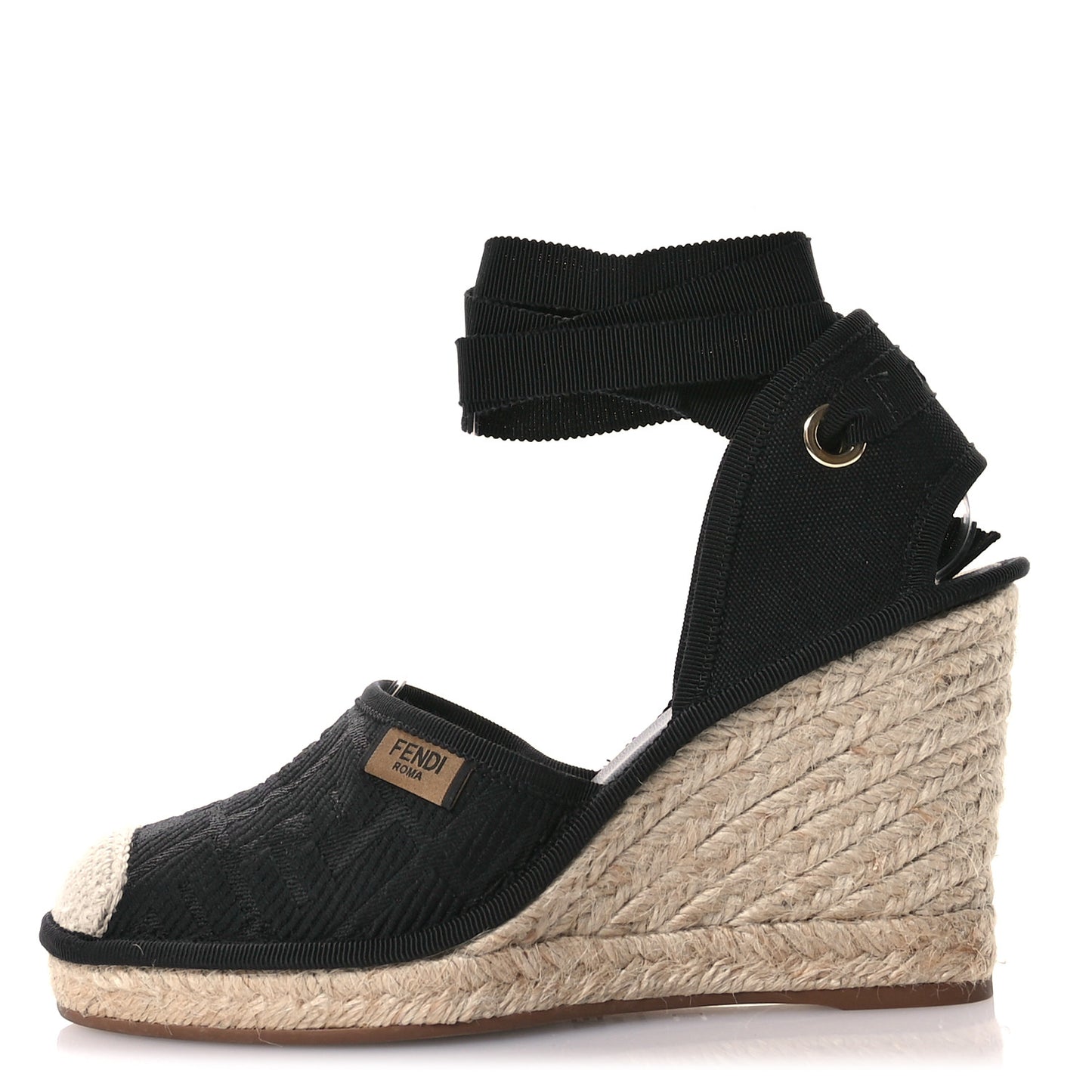 Canvas FF Embroidered Roma Ankle Wrap Wedge Espadrilles 37 Black
