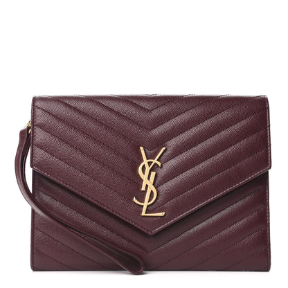 Saint Laurent Grain De Poudre Matelasse Chevron Monogram Envelope Clutch Rouge Legion 1 of 8