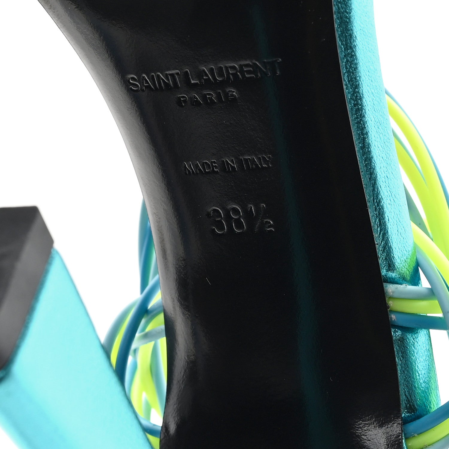 Saint Laurent Metallic Calfskin Gippy 105 Sandals 38.5 Cerulean Giallo Fluo 7 of 8