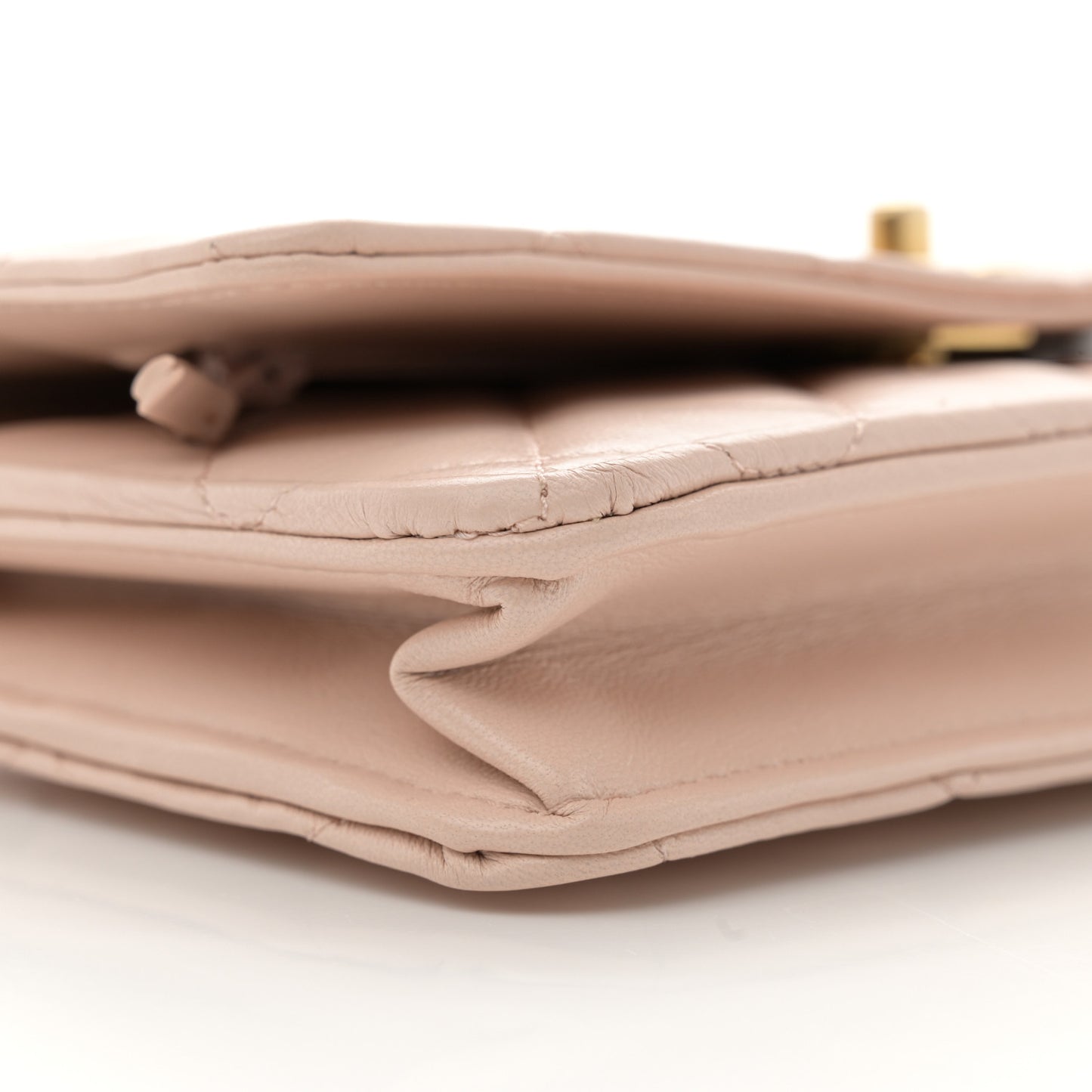 Lambskin Quilted CC Pearl Crush Wallet on Chain WOC Light Beige